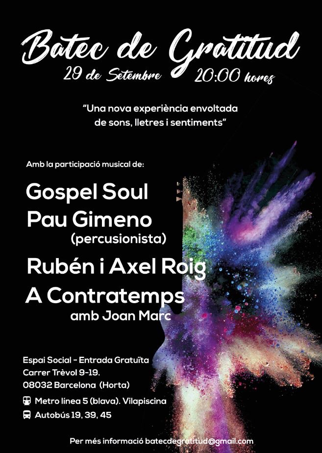 Cartell del concert Batec de Gratitud: fons negre, tipografia blanca i un núvol de pols de colors.