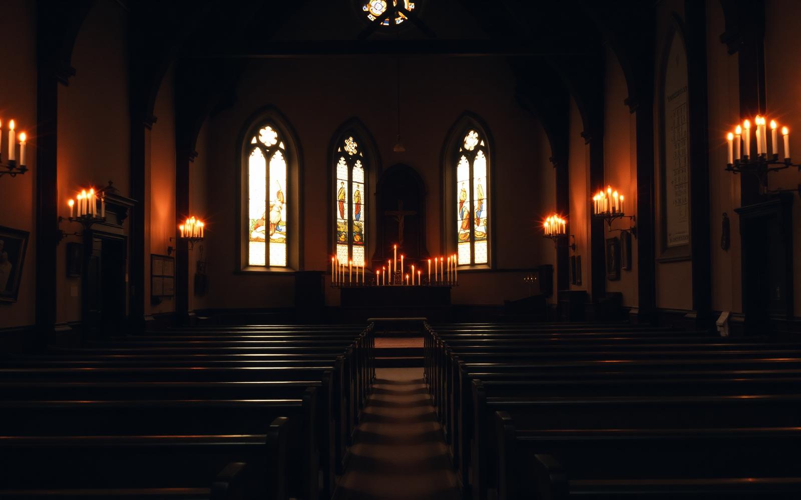 Interior d'església amb espelmes